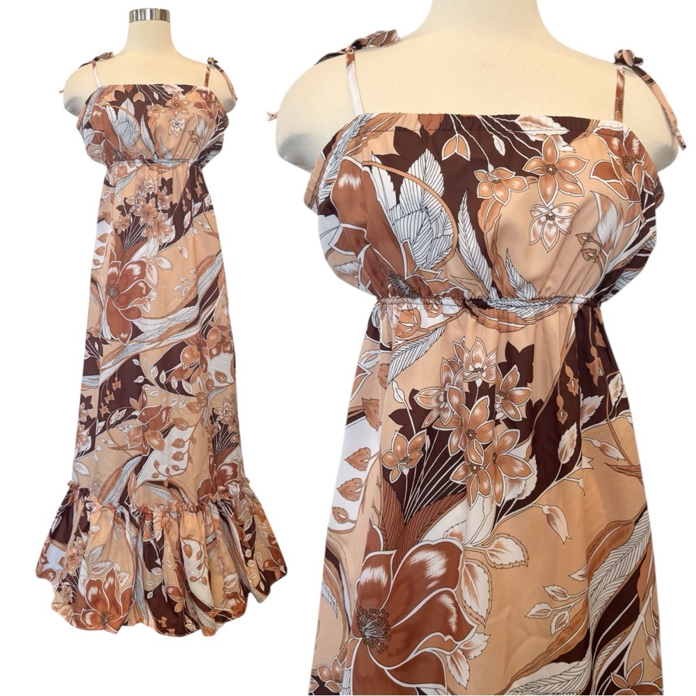 Vintage Sears Hawaiian Silky Satin Bold Floral Print Maxi Gown Sun Dress L
